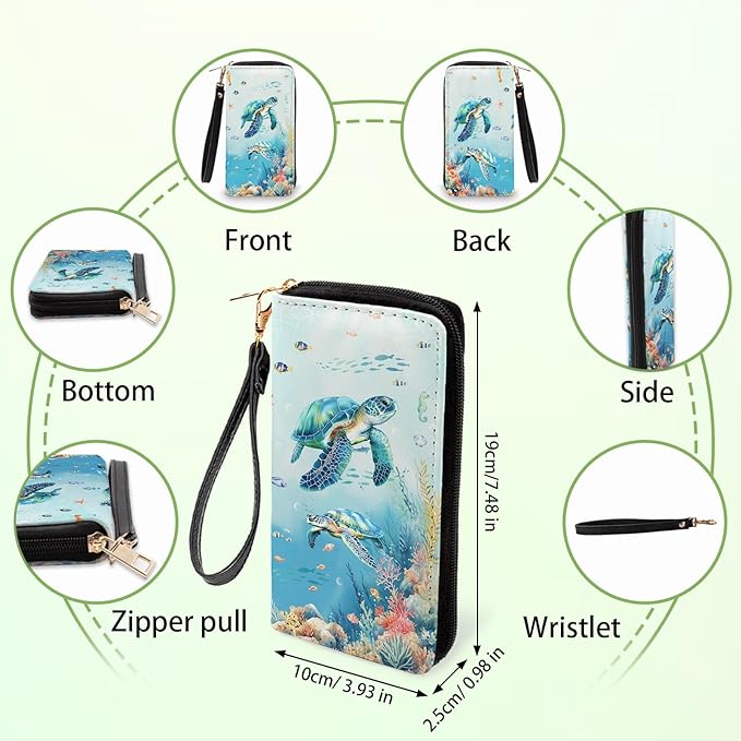 Sea Turtle Wallets for Women - Slim PU Leather Womens Wallet with Cash Zipper Coin Purse, Small Credit Card Holder Travel Wallet, Wristlet Wallets for Ladies Teen Girls Purse (Ocean Lovers Gift)