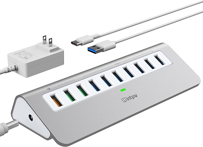 Powered USB Hub 10Gbps, 10 Port USB 3.2 Gen 2 Hub with 7 USB 3.2 Data Ports, 3 Fast Charging Ports, 36W Power Adapter, Type A and Type C Cable, Aluminum USB Data Hub for Mac, PC, Laptop