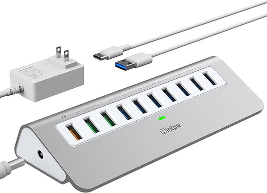 Powered USB Hub 10Gbps, 10 Port USB 3.2 Gen 2 Hub with 7 USB 3.2 Data Ports, 3 Fast Charging Ports, 36W Power Adapter, Type A and Type C Cable, Aluminum USB Data Hub for Mac, PC, Laptop