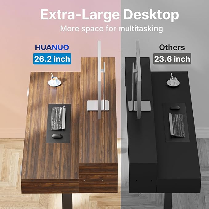 HUANUO 48″ x 26″ Electric Standing Desk with 2 Drawers &24.4″ Large Keyboard Tray, C-Clamp Mount Compatible, Adjustable Computer Desk for Office, Sit Stand Up Desk with 4 Height Presets, Deep Walnut