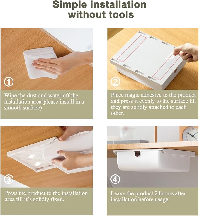 FRETONBA Under Desk Drawer Self-Adhesive Hidden Desktop Organizer, Attachable Desk Drawer Slide Out, Table Storage Tray for Stationery Home Office Organization Medium White