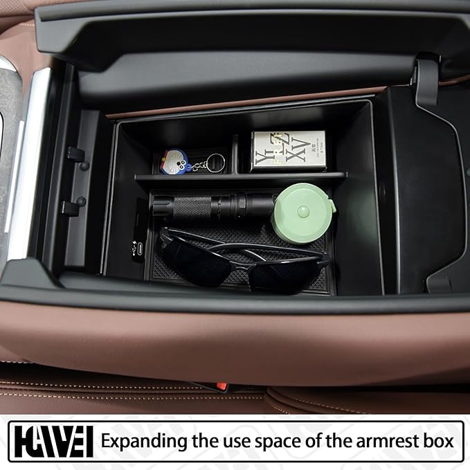 HGWEI Center Console Organizer Compatible with BMW X5/G05 X7/G07 2019-2026, X6/G06 2020-2026 Armrest Storage Box Insert Tray with Rubber Mat, Black