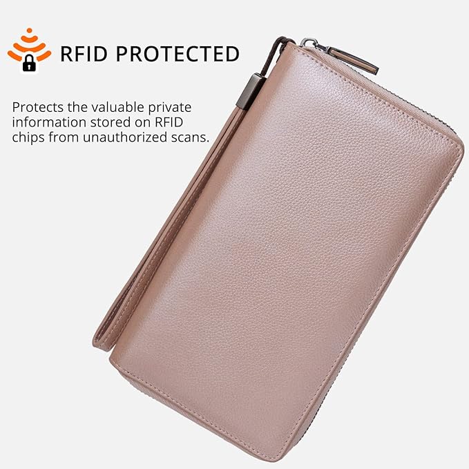 Bveyzi Women RFID Blocking Wallet Leather Zip Around Phone Clutch Large Capacity Ladies Travel Purse Wristlet | RFID Blocking, Zip Around, Large Capacity
