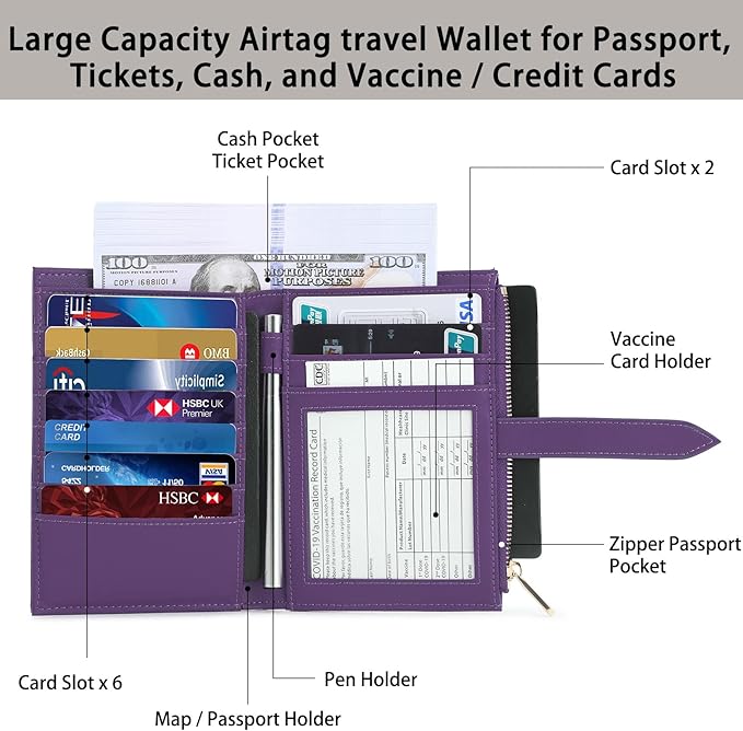 Passport Holder for Family,RFID Travel Document Organizer for Women,RFID Passport Wallet with Airtag Holder,Family Passport Protector Case, Anti-Lost Travel Essentials(Air tag Not Included)
