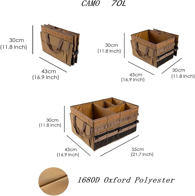 Large 70L SUV Trunk Organizer, Trunk Organizer With Lid, Foldable Cargo Storage Box, Brown, 4-Compartments With Handle,Universal for Car Sedan Truck Camping Grocery Shopping Travel