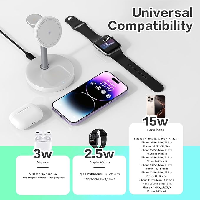 3 in 1 Wireless Charging Station Compatible with MagSafe, 15W Fast Charging Magnetic Mag-Safe Charger Stand for Apple iPhone 17 16 15 14 13 12Series Apple Watch AirPods Pro 4 3 2, Gifts for Men Women