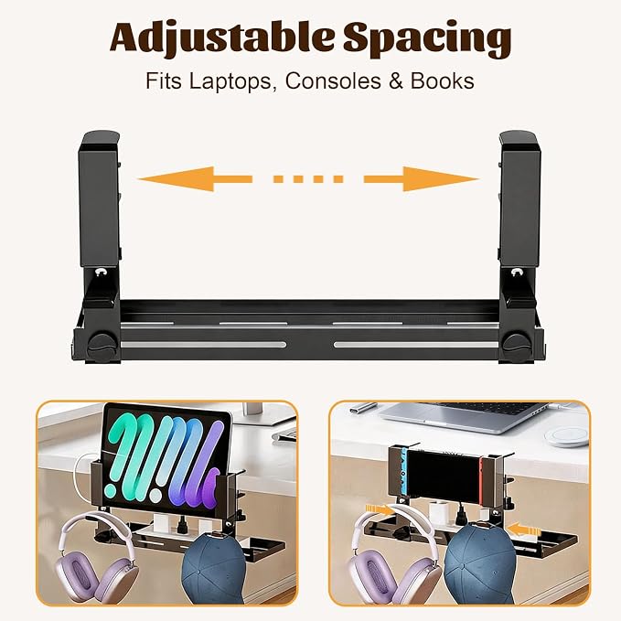 Desk Side Storage Organizer, Under Desk Laptop Mount, Clamp-On Vertical Laptop Holder, No Drill Metal Shelf with Headphone Hook & Power Strip Holder, Black
