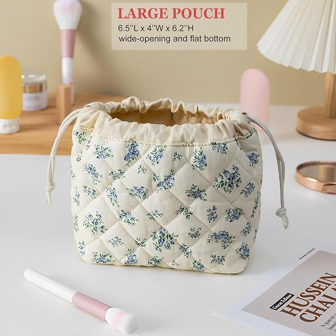 HAPPYHEIDI Large Floral Quilted Cotton Drawstring Makeup Bag Compartment Cosmetic Toiletry Accessory Travel Pouch Purse Organizer, Blue Gourd