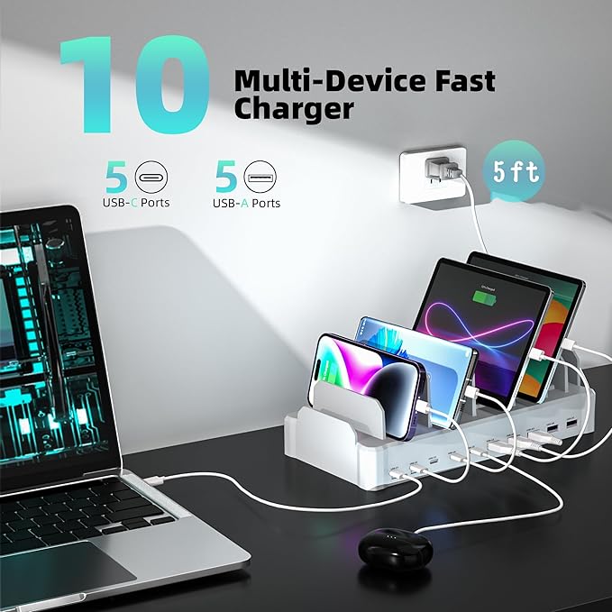 420W Charging Station for Multiple Devices, Zobirez 10-Port USB C Fast Charger Stations for MacBook, iPhone, Android Cell Phone, iPad, Tablet, Family Multi-Device Organizer Charging Dock, White