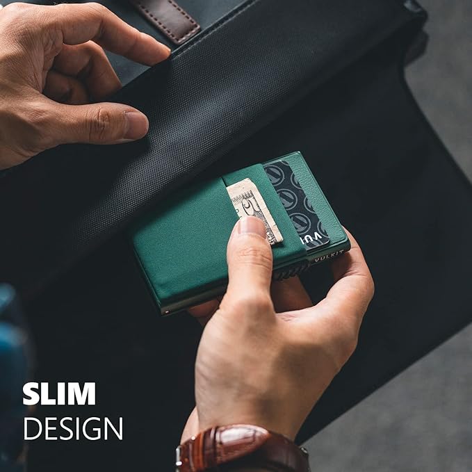 VULKIT Minimalist Wallet with ID Window & EDC Pocket Pop Up Card Holder RFID Blocking Slim Wallet Design for Airtag Cash Coins & Credit Cards