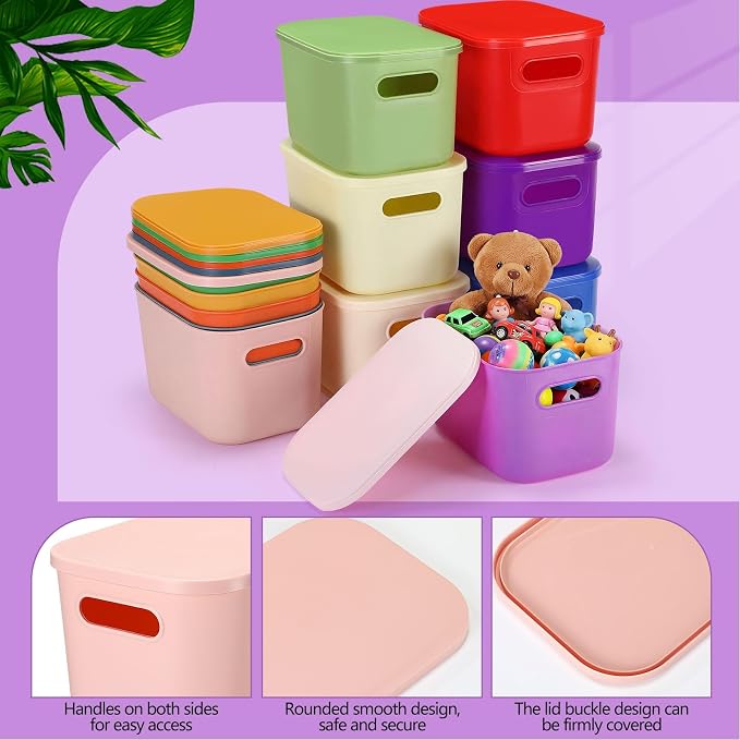 Thyle 24 Pack Richly Colorful Plastic Storage Bins with Lids 7 Quart Toy Storage Box Stackable Nestable Organizer Boxes with Handle and Labels for Classroom Shelf Bedroom Desktop Toys School Supplies