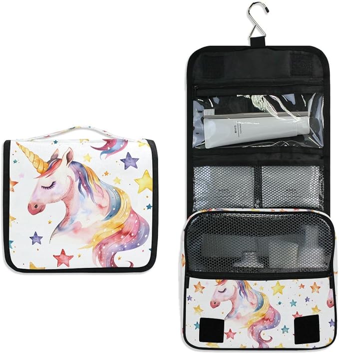 senya Hanging Travel Toiletry Bag Cute Kit Makeup Case Cosmetics Organizer for Men Women (Unicorns Face Pale Yellow Stars)