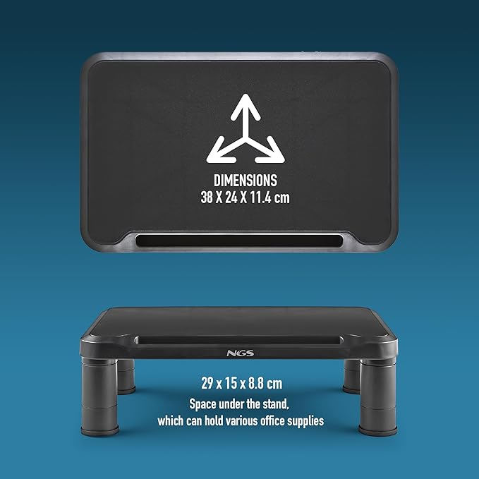 NGS Screen Stand ??Ergonomic Monitor Stand with 3 Adjustable Heights, Non-Slip Feet, Storage Space, ABS Plastic Resistant up to 20 kg, 38 x 24 x 11.5 cm