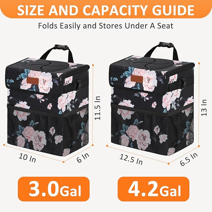 Vankor 4.2 Gallons Car Trash Can with Lid, Bag Bin Hanging Waterproof Automotive Car Garbage Cans Leak Proof Vehicle Trash Can for Truck SUV,Black Floral