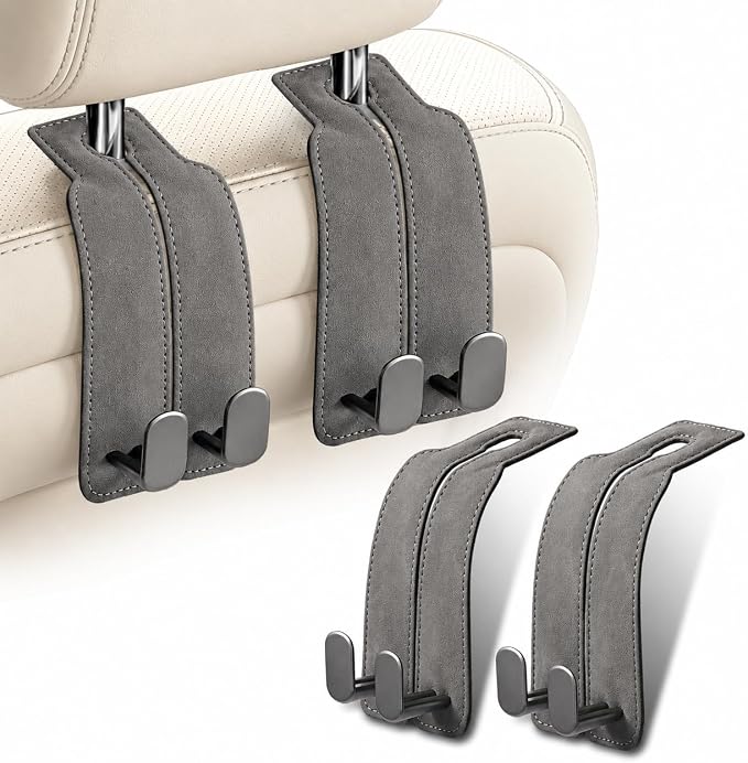 2Pcs Wide Car Headrest Hooks for Purses and Bags, 2026 Upgraded 0.98” Wide Opening for Thick Bag Handles, Premium Leather Car Seat Hanger with Dual Metal Hooks, WideFit Gray
