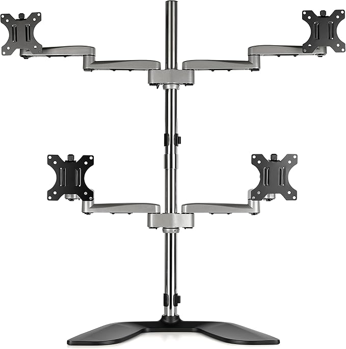 StarTech.com Desktop Quad Monitor Stand - Ergonomic VESA 4 Monitor Arm (2x2) up to 32" (17.6lb/8kg) - Free Standing Articulating Universal Pole Mount - Height Adjustable/Tilt/Swivel/Rotate (ARMQUADSS)