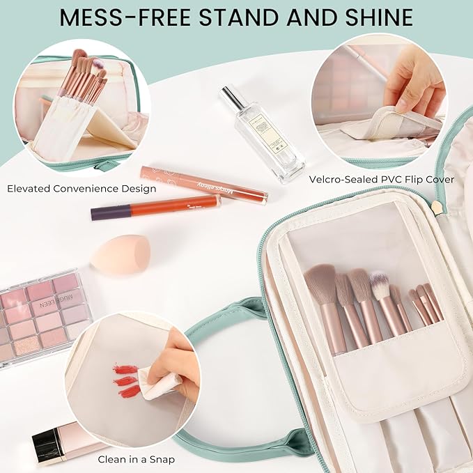 Travel Makeup Bag for Women Fashion Large Capacity Pouch Open Flat Cosmetic Portable Organizer Waterproof Large Opening Storage Toiletry Bags Vertical Free-Standing Brush Holder for Easy Access Blue