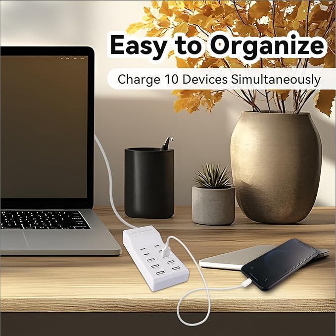 USB Charging Station with 6 USB-A and 4 USB-C Ports, 50W 10A USB Charger Block for Smart Phone, Tablet, Laptop, Multiple Devices - USB Power Strip with Auto-Detect Technology