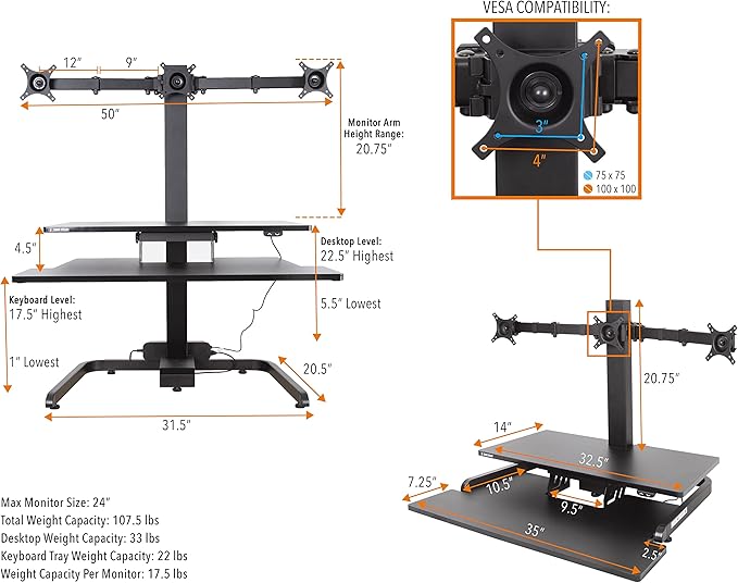 Stand Steady Techtonic Electric Standing Desk Converter wIth Triple Monitor Mount, 3 Screen Support, Quiet Sit-Stand Desk with Button Control, Keyboard Tray, Ideal for Gaming & Computer Work (Black)