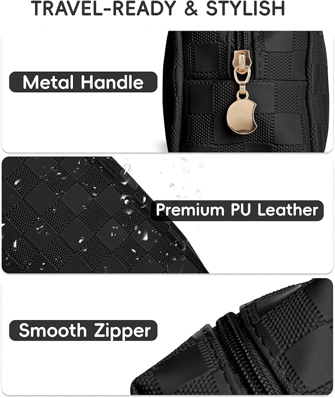 Checkered Makeup Bag for Purse - Cute PU Leather Travel Cosmetic Pouch for Women, Portable Flat Toiletry Organizer with Gold Zipper(black)