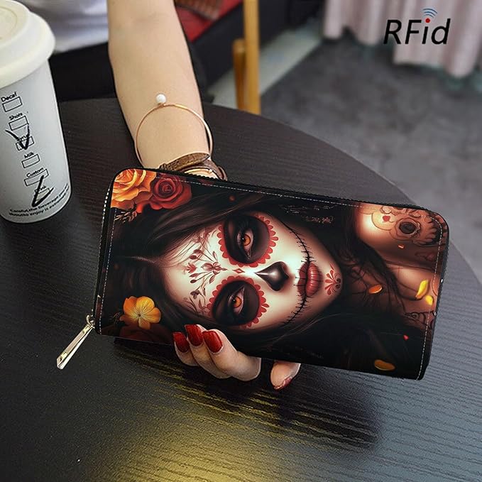 RFID Blocking Leather Wallet for Women – Large Capacity Zip Around Clutch with 8 Card Slots,43 Cash Pockets & Coin Zipper,Day of The Dead Girl Art