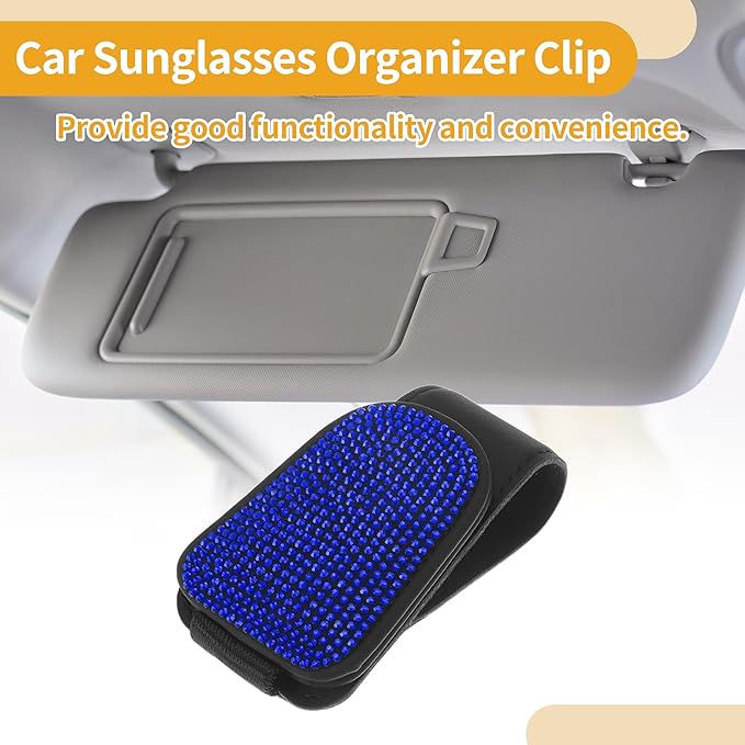 Motoforti Car Sunglasses Clip Magnetic Universal Sun Visor Eyeglasses Holder Clip PU Leather,Rhinestones Blue 8.5x5cm 1 Pcs