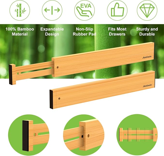 ANTOWIN Bamboo Drawer Dividers Organizers 16pcs, Expandable Drawer Separators Splitter, 17-22 inches Long Adjustable Spring-loaded Organizer for Large Utensil, Clothes, Tools Drawers (8+8)