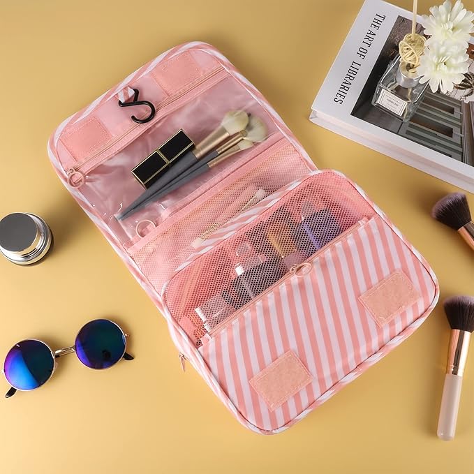 Pengxiaomei Hanging Toiletry Bag, Pink Striped Waterproof Cosmetic Bag Portable Makeup Pouch Wash Bag with Handle for Kids Teen Girls Tea Party Mothers Day Gifts Travel Cruise Essentials