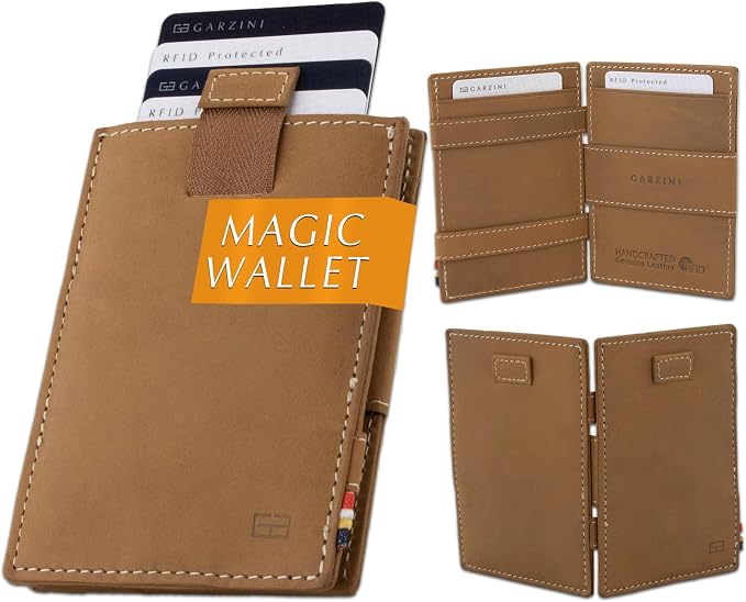 GARZINI Magic Wallet with Pull-Tab, Minimalist Wallet with RFID card holder, Leather Wallet for 12 cards, Camel Brown
