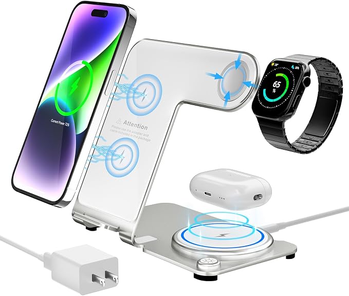 Wireless Charger, Aluminum Alloy 3 in 1 Wireless Charging Station for Apple iPhone/iWatch/Airpods,iPhone15 14,13,12,11 (Pro, ProMax)/XS/XR/XS/X/8(Plus),iWatch8/7/6/SE/5/4/3/2,AirPods 3/2/pro