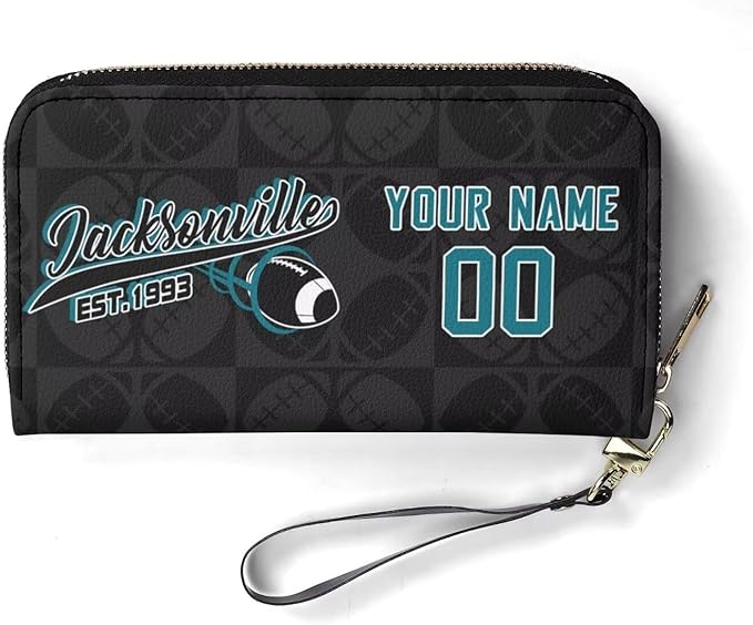 Custom Sports Team Zip Organizer Wallet-Personalized PU Leather Wallet with Name Number,Multi-Card Slots,Wrist Strap,Fan Gift for Men Women.