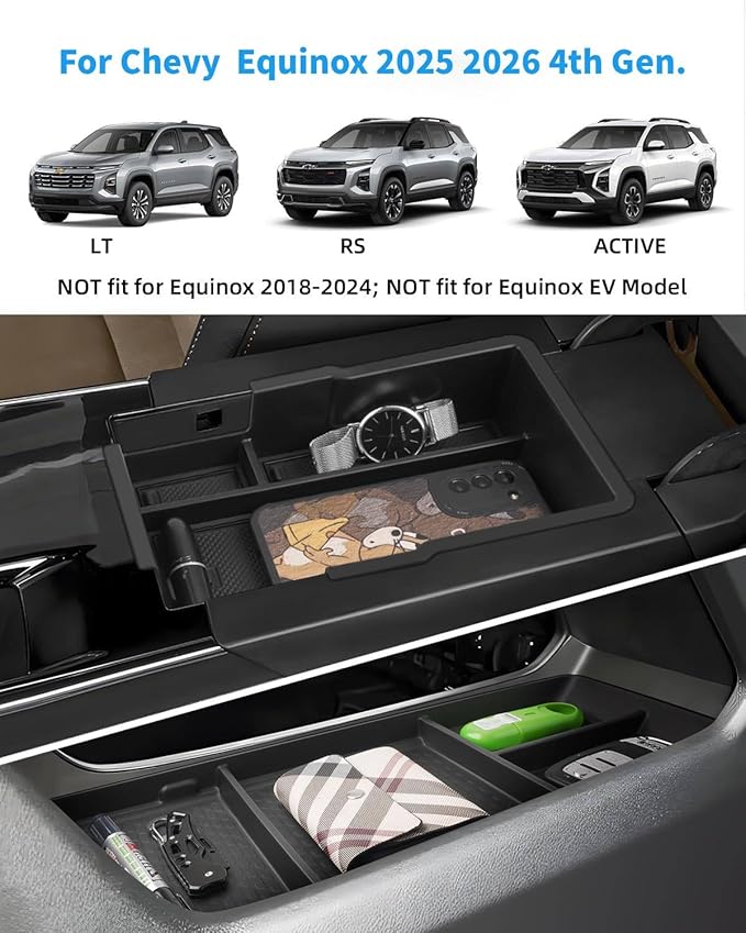 2PCS Center Console Organizer for Chevy Equinox 2026 2025 Armrest Insert Storage Tray with Non-Slip Rubber Mat Chevy Equinox Organiser Accessories-Black(Not for Equinox EV)
