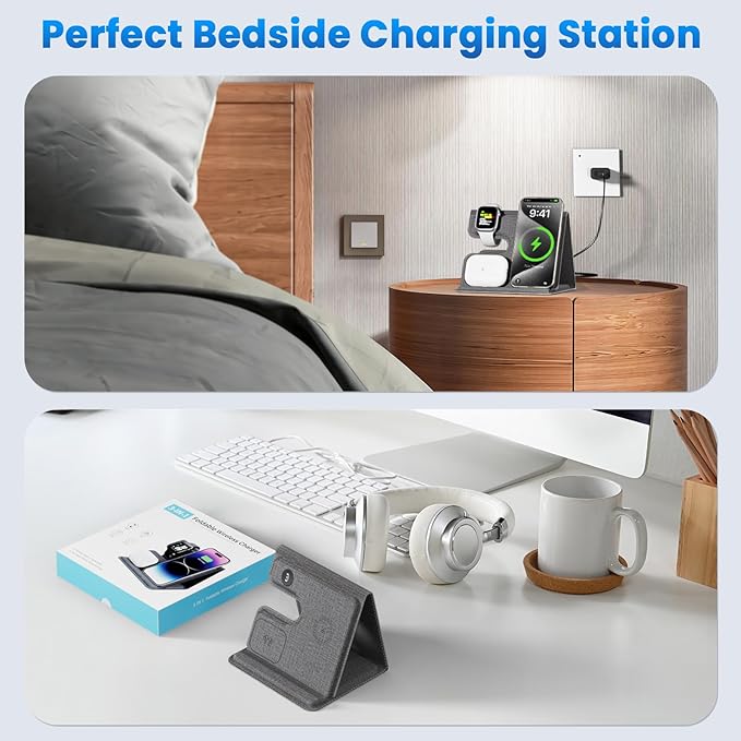 Wireless Charger iPhone, Fast Charging Station for Apple Watch, 3 in 1 Portable Charge Stand for Samsung Galaxy S24/S25 iWatch iPhone 16 15 14 13 12 Pro Max AirPods
