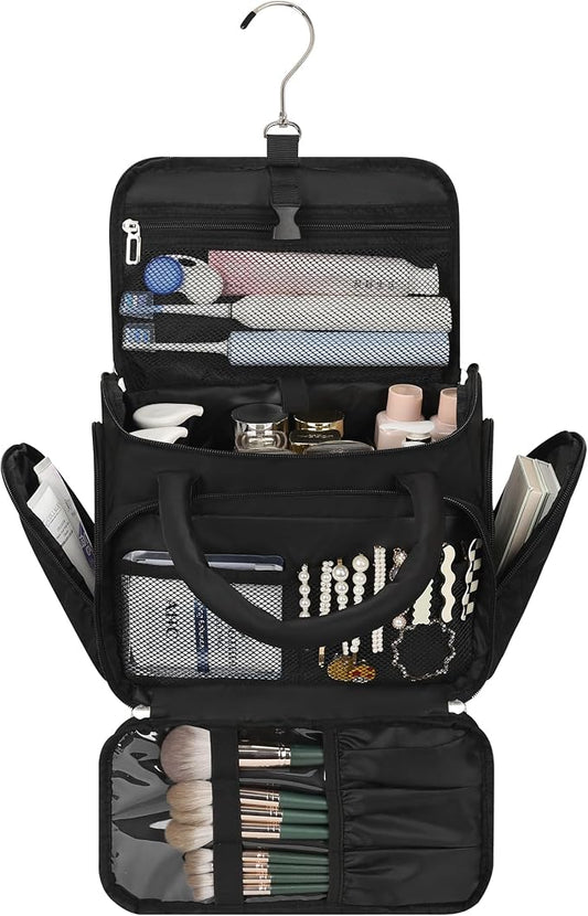 Hanging Toiletry Bag for Women - Travel Makeup Organizer with Brush Compartment, Portable Cosmetic Case with Removable Dividers for Full-Size Container, Lightweight Travel Bag for Trip - Black
