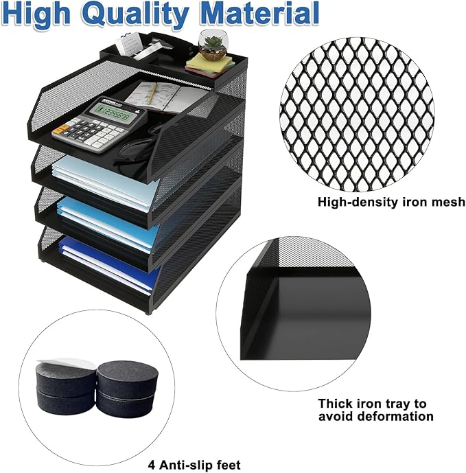 Natwind 4-Tier Paper Organizers,Desk Organizer,Stackable Paper Tray, Desk Accessories,Metal Mesh Desktop Organizer,Letter Trays,File Document Storage Rack for for Home, Office, School (Black)