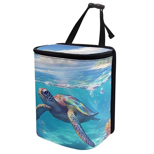 Biyejit Turtle Print Car Trash Can with Lid Collapsible Waterproof Reusable Automotive Garbage Bin with Adjustable Strap Car Accessories Interior Cars Organizer