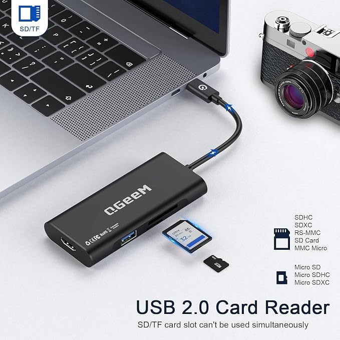 USB C Hub, QGeeM USB 4k to HDMI Adapter, 7 in 1 USB-C Dongle with 100W PD,USB 3.0, Card Reader, Compatible for MacBook iPhone 15/17 Ipad Pro max,Chromebook Laptop USB Type C Dock-Black