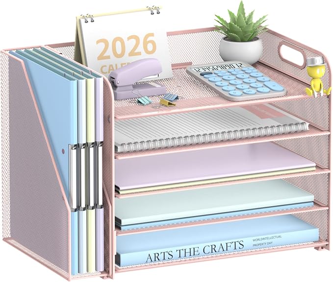 SUPEASY 5-Tier Desk Organizer with File Holder, Desk Organizers and Accessories, Paper Organizer for Desk, Mesh Desktop File Organizer, Workspace Organizers for Office School Home, Pink