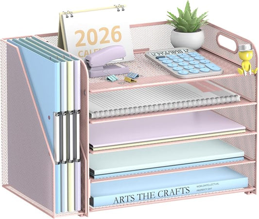 SUPEASY 5-Tier Desk Organizer with File Holder, Desk Organizers and Accessories, Paper Organizer for Desk, Mesh Desktop File Organizer, Workspace Organizers for Office School Home, Pink