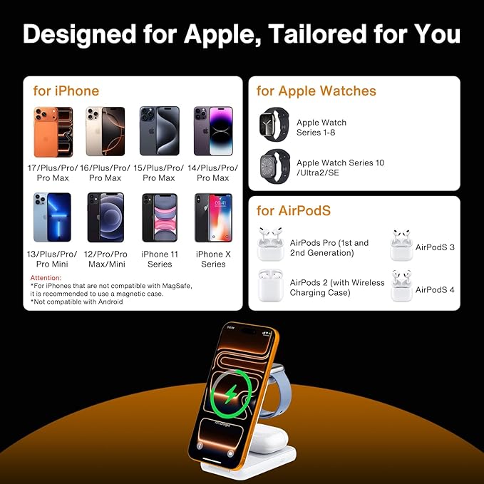 iVANKY 3 in 1 Foldable Magnetic Wireless Charging Station, 15W Fast Charger Stand for MagSafe, Travel Charger for iPhone 17 16 15 Pro Max, Apple Watch, AirPods, Compact & Portable, White(No Adapter)