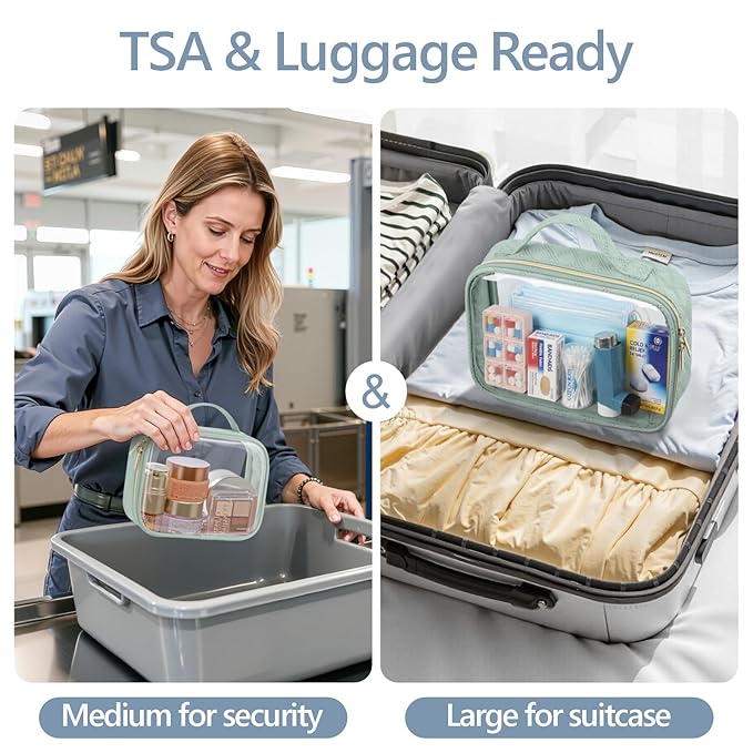 PACKISM TSA Approved Toiletry Bag Combo Pack, 1 Clear Makeup Bag Medium & Large for Checked Luggage, Clear Travel Bag with Handle, Water-resistant Travel Essentials Organizer, Laurel Green