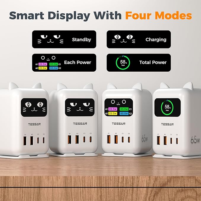 USB C Charger Block PD 65W, TESSAN Charging Station for Multiple Devices, Desktop Tower Charger with 4 USB Ports for iPhone 17/16/15, MacBook, Tablet, Office Home Dormroom