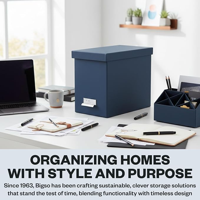 Bigso John Fiberboard Label Frame Desktop File Storage Box - Document Organizer for Important Paperwork - Durable Hanging File Box with a Lid & Metal Label Window - 7.36 x 13.38 x 10.51 in - Blue
