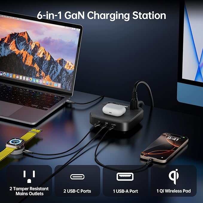 GaN Multi Charging Station 67W, 6-in-1 iPhone Charger Station with USB Ports, Wireless Charging, 2× AC Outlets, Desktop/Bedside/Nightstand Power Station, Hotel-Grade Design, Black