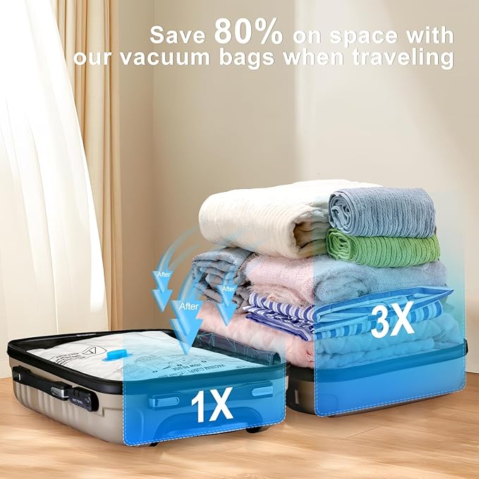 UPGOGO Combo 12 Pack Travel Vacuum Bags with Portable Electric Pump, Space Saver Vacuum Storage Bags for Clothing and Luggage, Travel Essentials