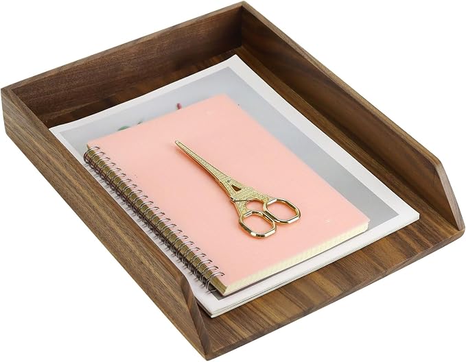 Buqoo Walnut Wood Desk Organizer Letter Tray | 12.9x10.1x2.2in, Rectangular, Serving & Storage Tray, Office/Home