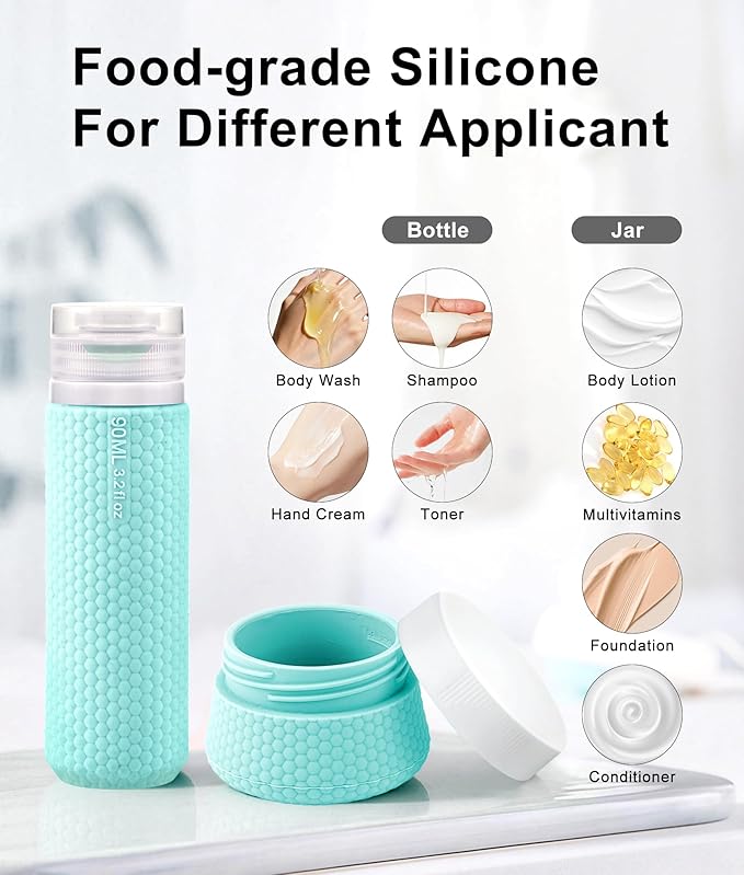 Travel Bottles for Toiletries 90ml with Cosmetic Jar 40ml Luxury Leather Pattern, Anti-Slip Silicone Premium Refillable Bottle Set with Facial Brush for Gym Men Women