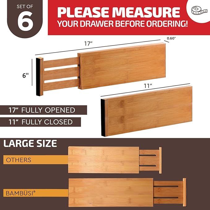 6-Pack Drawer Dividers - 6 Inches High, Adjustable 11 to 17 Inches Bamboo Drawer Organizers, Large Deep Expandable Separators for Clothes, Dresser, Bedroom, Bathroom, Baby , Office, Kitchen Utensils