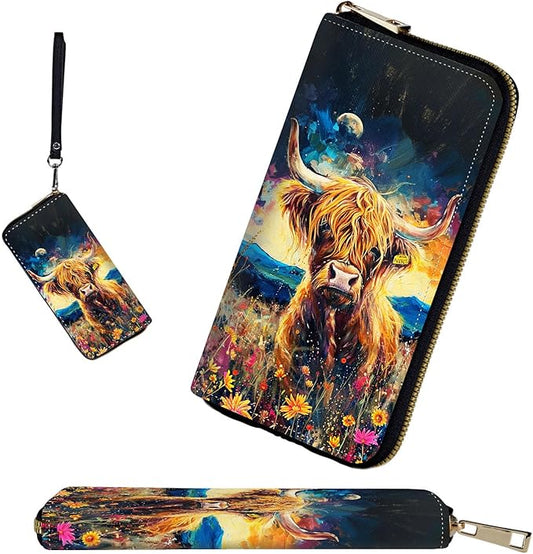 RFID-Blocking Zip Around Wallets for Women with Detachable Wrist Strap,Large Capacity Phone Holder with Card Organizer & Coin Pocket,Cute Highland Cow