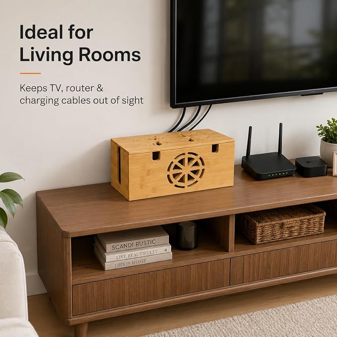 Cable Management Box - Large Bamboo Cord Organizer for Desk and Home Office - Power Strip Hider with Ventilation, 15.7 x 6.7 x 6.7in
